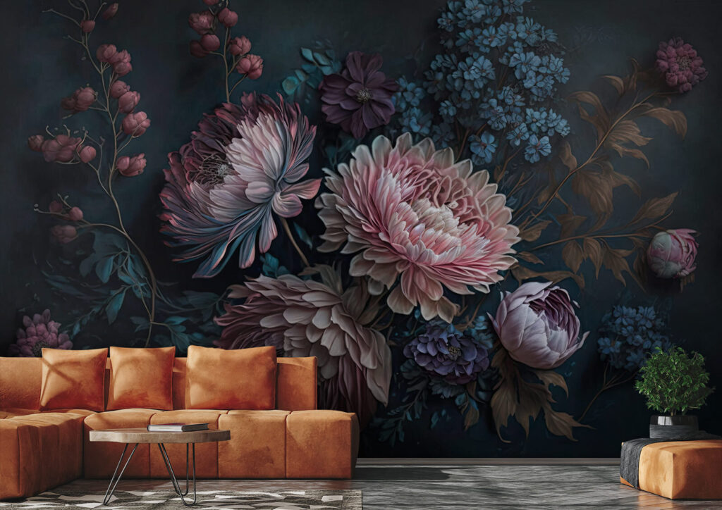 Oudroze chrysanten in nachtboeket — interieur 1