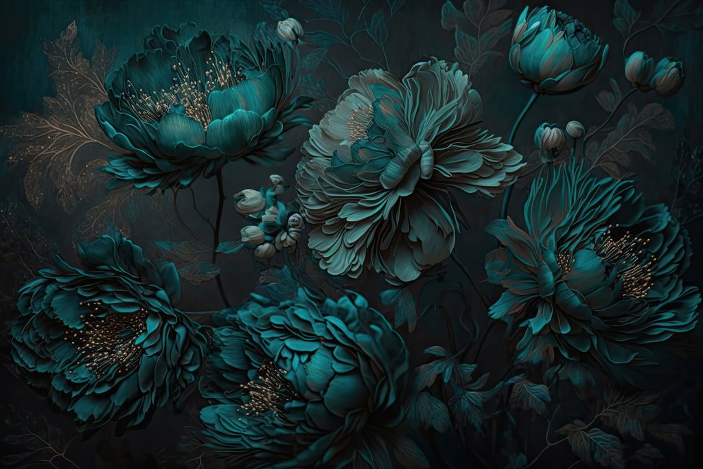 Bloemen in nachtelijk turkoois — volledig ontwerp