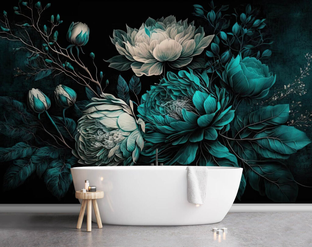 Smaragdgroene bloemen op een donkere achtergrond in een interieur