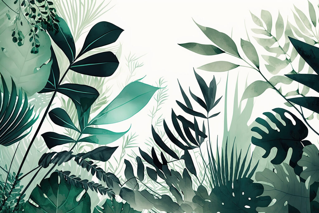 Groene bladsilhouetten rond licht — volledig ontwerp