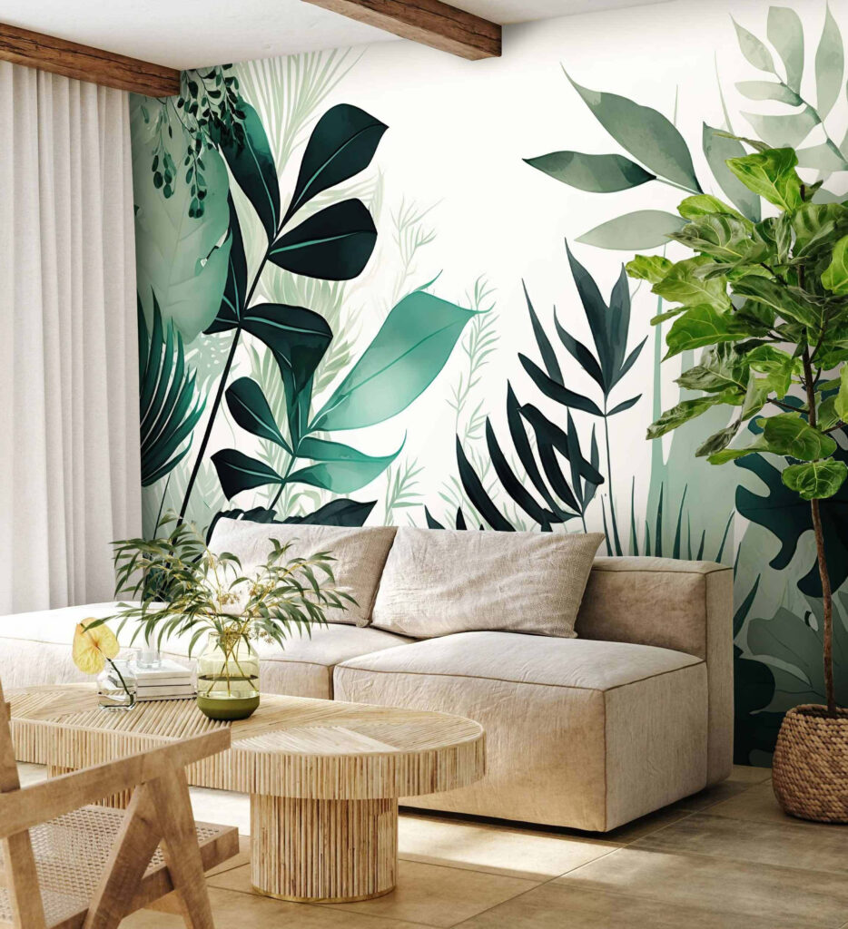 Groene bladsilhouetten rond licht — interieur 1
