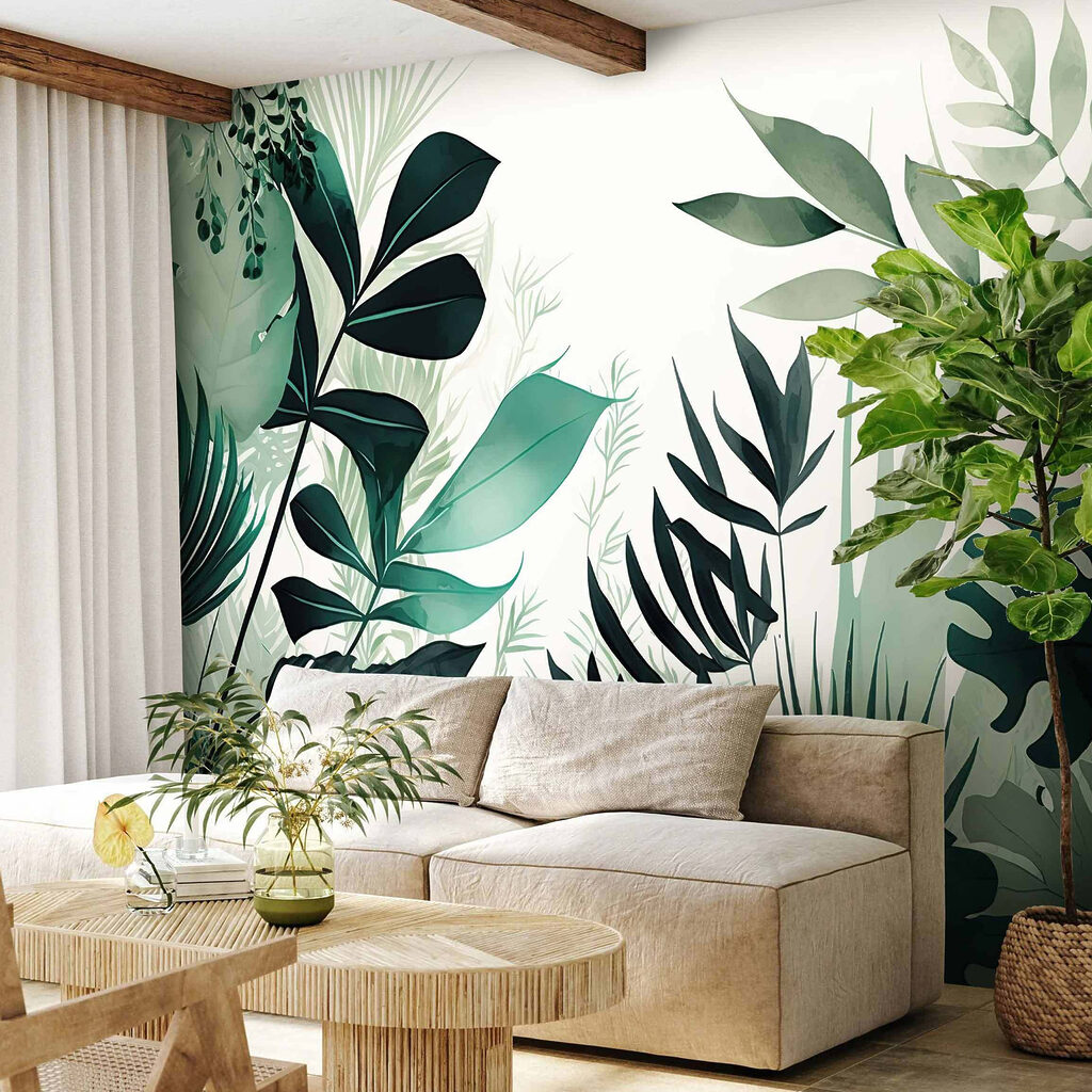 Groene bladsilhouetten rond licht — interieur 4