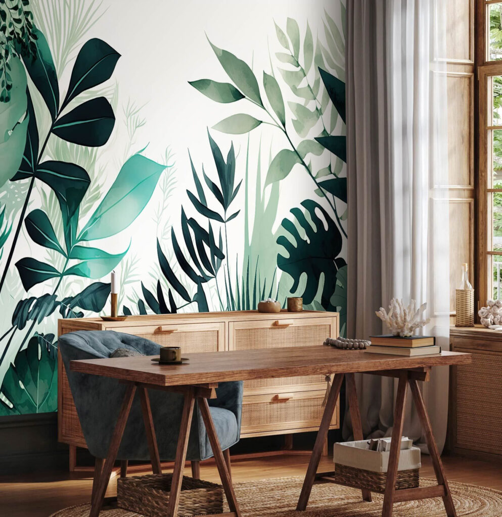 Groene bladsilhouetten rond licht — interieur 2