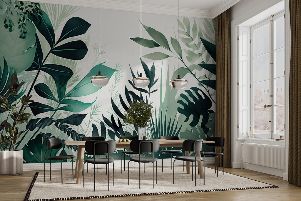Groene bladsilhouetten rond licht — interieur 5