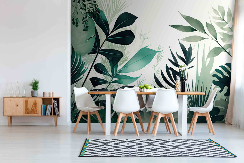 Groene bladsilhouetten rond licht — interieur 3