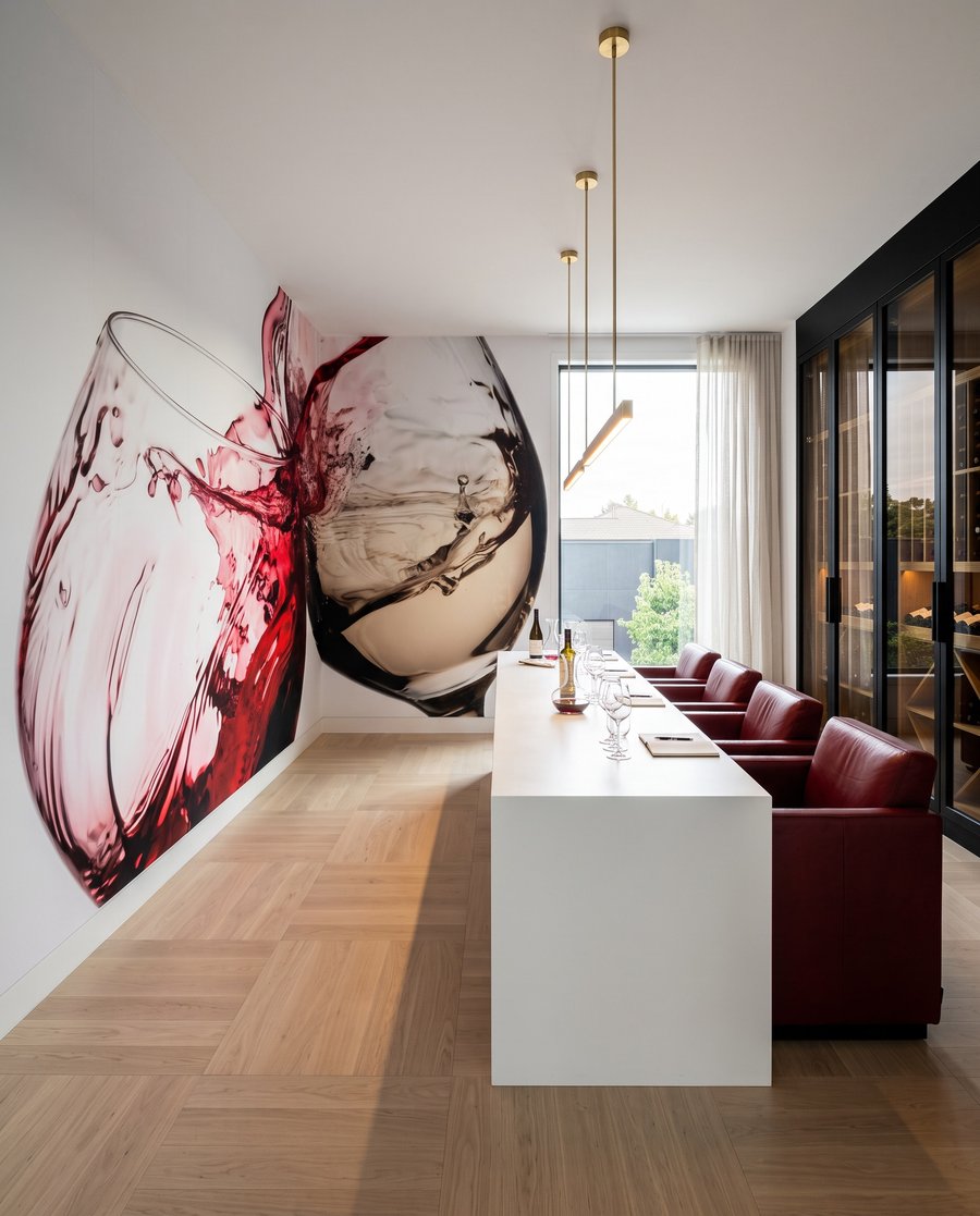 Wijn spat over glasranden — interieur 5