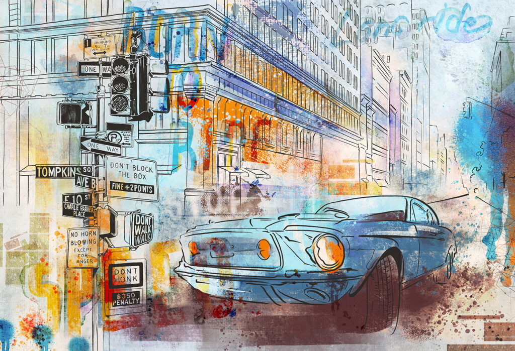 Oldtimer in geschilderde stad — volledig ontwerp