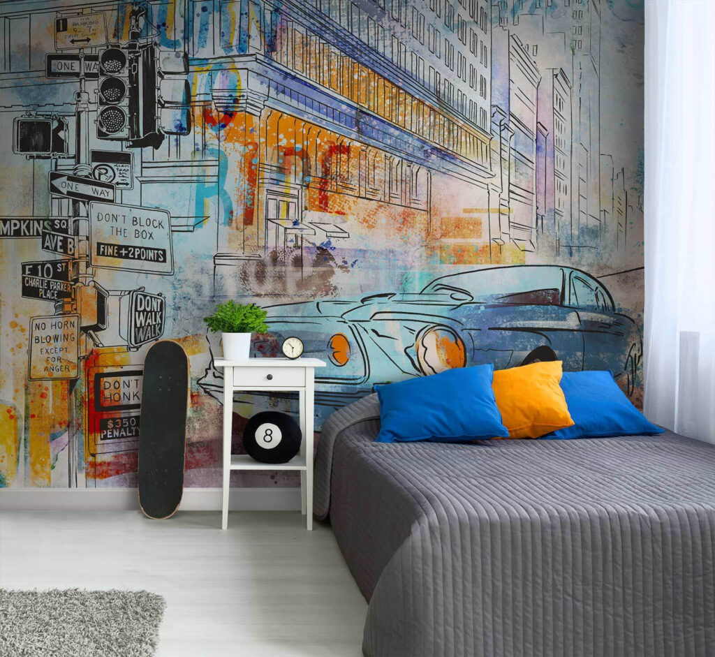 Tekening van een auto op een straathoek in een interieur