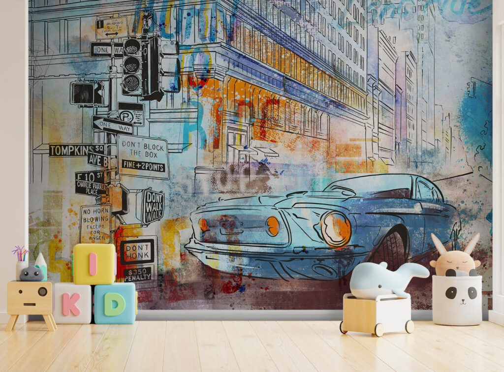 Oldtimer in geschilderde stad — interieur 3