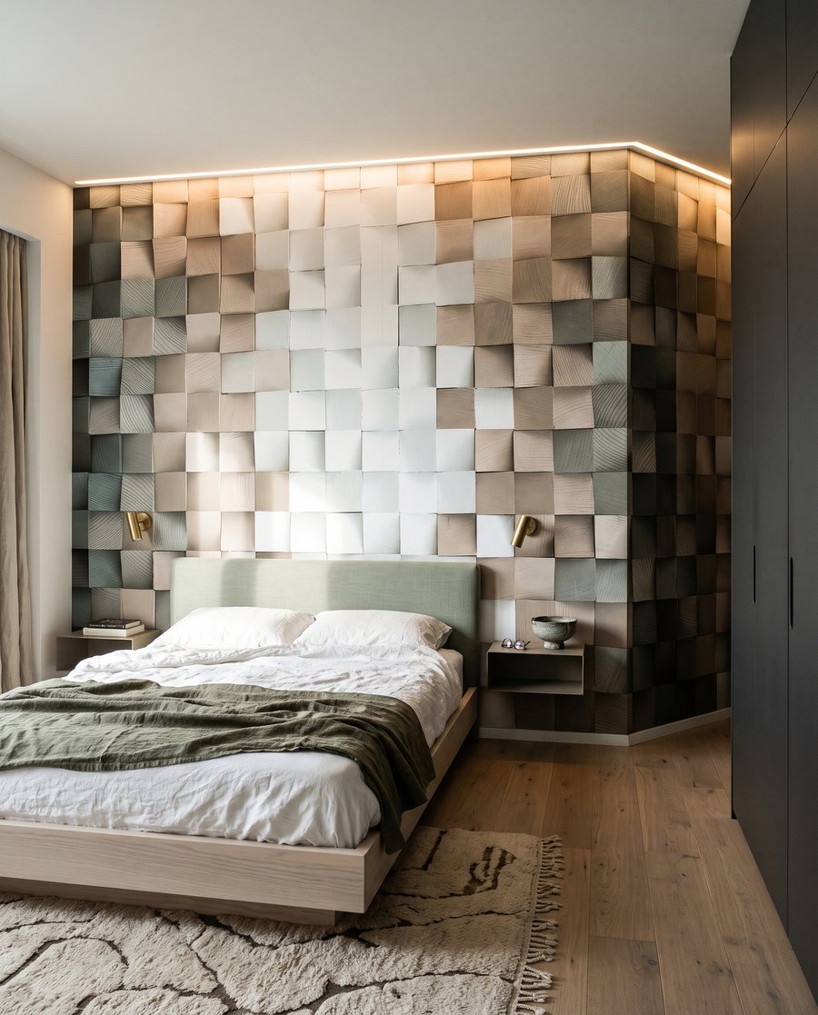 Wand van gevouwen vierkanten in een interieur