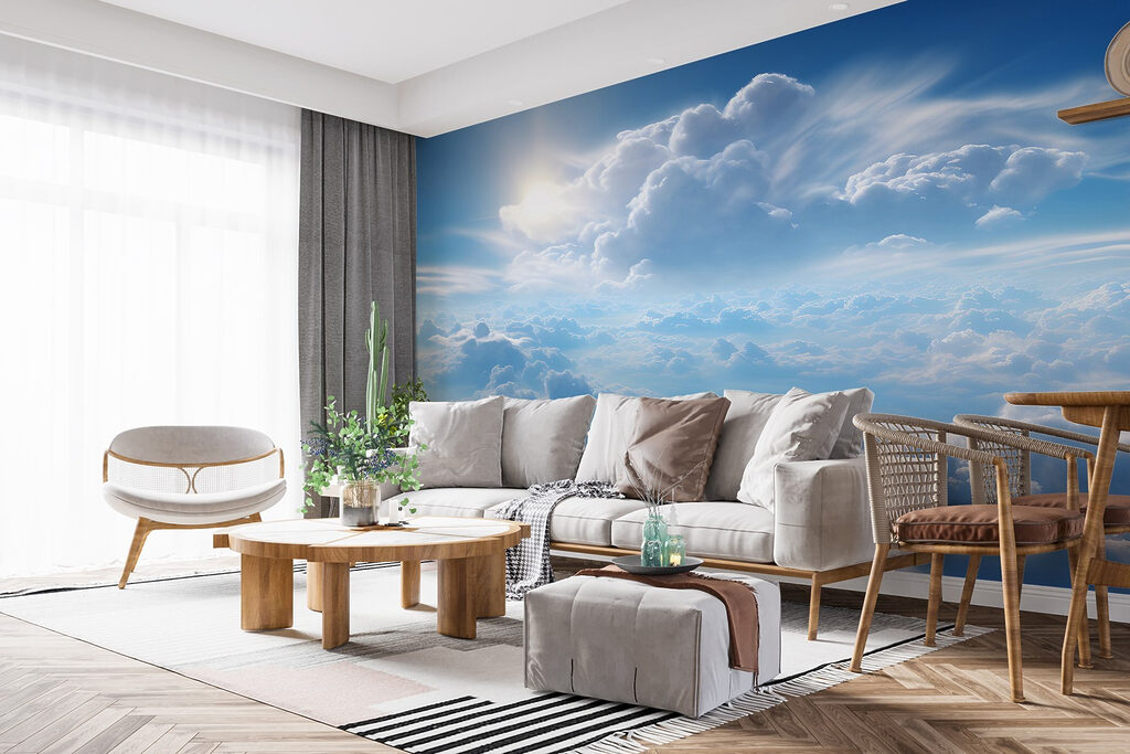 Wolken en blauwe lucht met wolken en de zon in een interieur