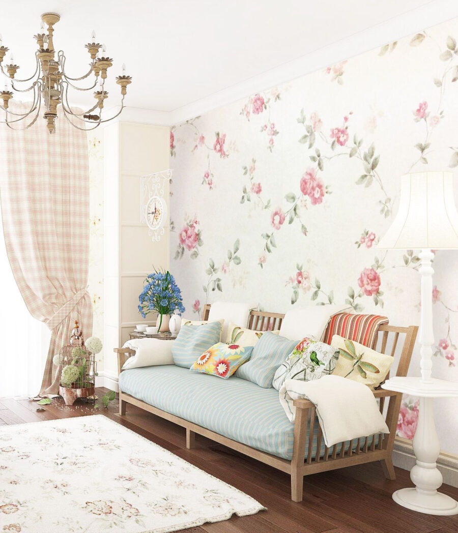 Kleine rozentakjes op roomwit — interieur 1
