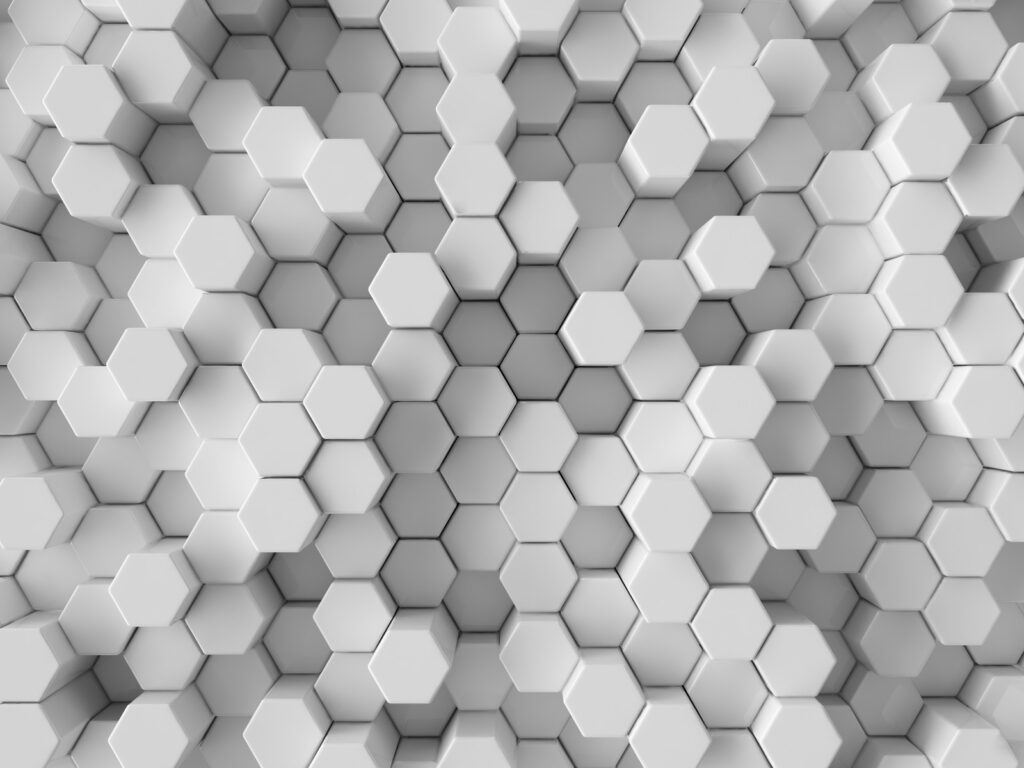 Witte zeshoeken met diepte — volledig ontwerp