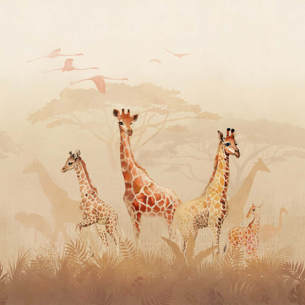 Giraffen in warme ochtendnevel — volledig ontwerp
