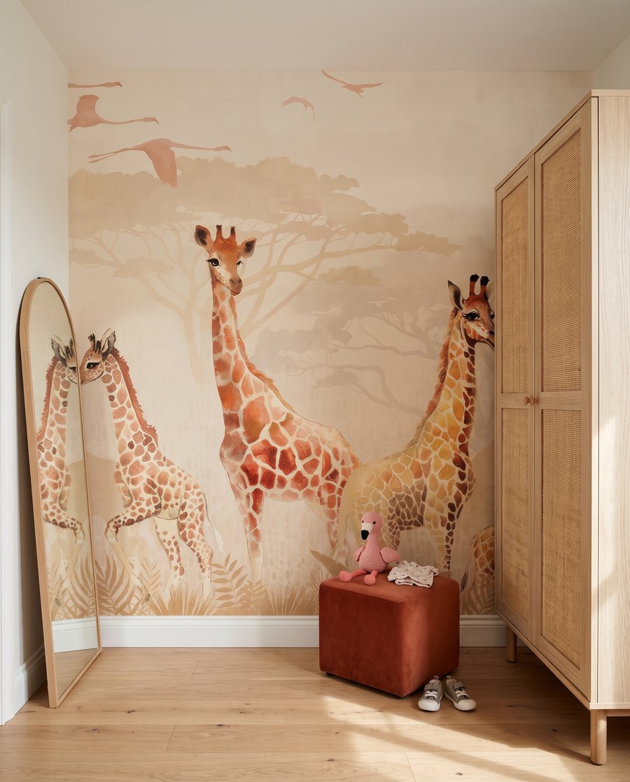 Giraffen in warme ochtendnevel in een interieur