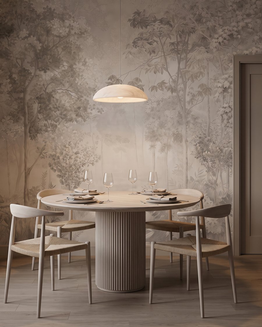 Onder hoge bomen in een interieur