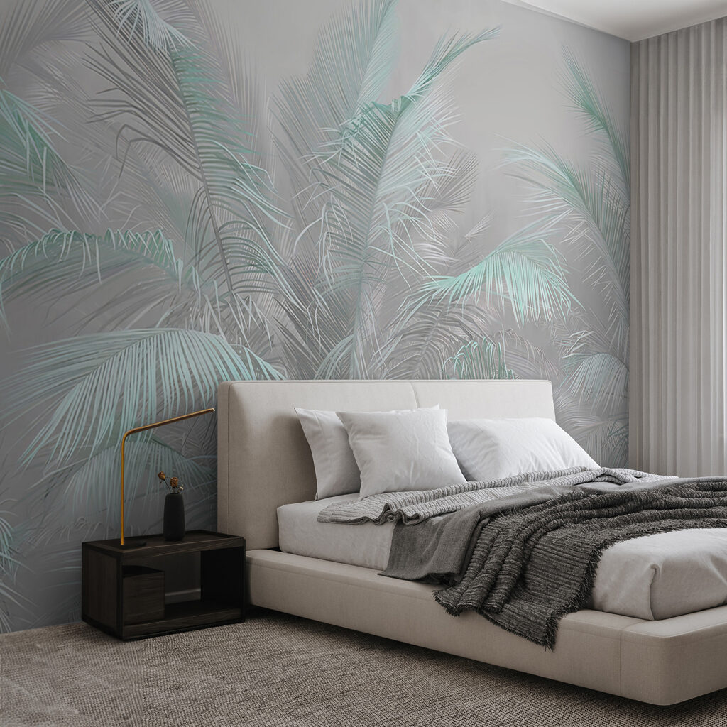Turquoise palmveren in grijsnevel — interieur 2