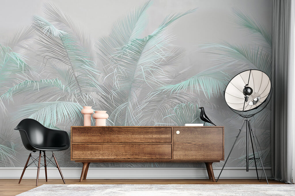 Turquoise palmveren in grijsnevel — interieur 3