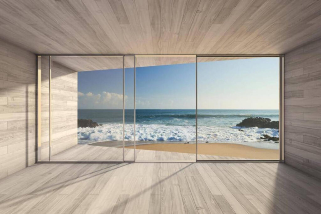 Kamer met grote glazen deuren en uitzicht op het strand — volledig ontwerp