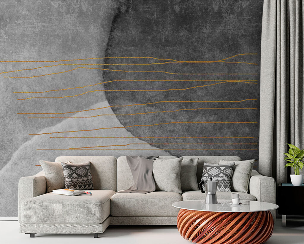 Grijs en wit schilderij met oranje lijnen — interieur 2
