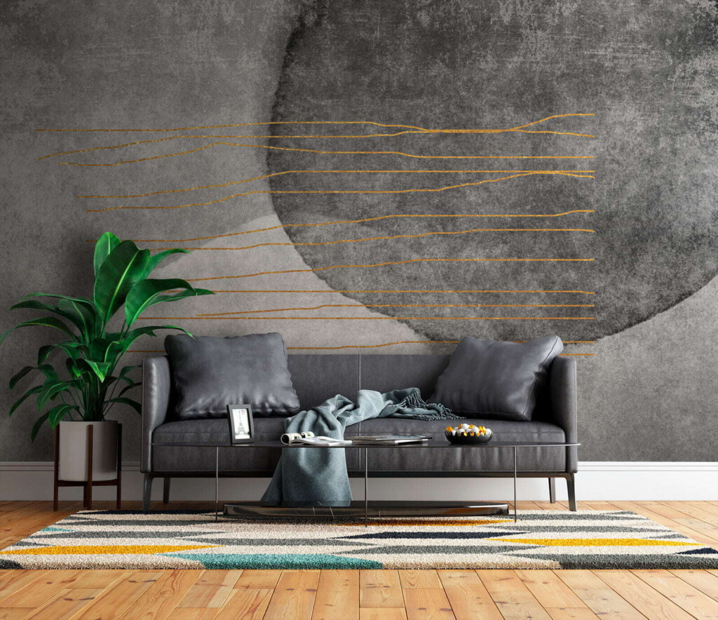 Grijs en wit schilderij met oranje lijnen — interieur 3