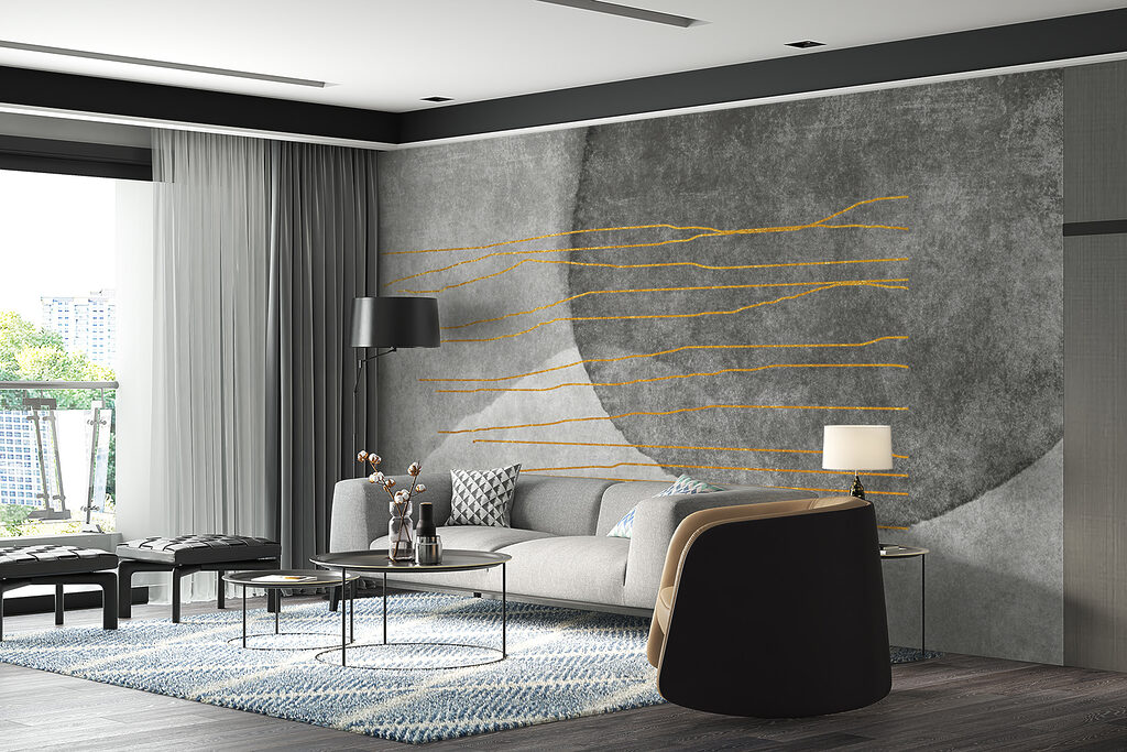 Grijs en wit schilderij met oranje lijnen — interieur 4
