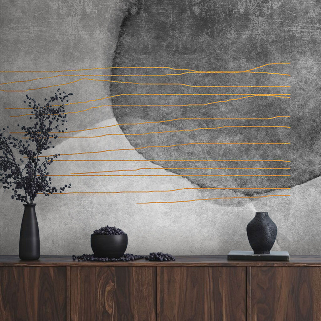 Grijs en wit schilderij met oranje lijnen — interieur 1