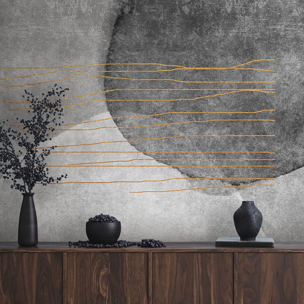 Grijs en wit schilderij met oranje lijnen — interieur 5