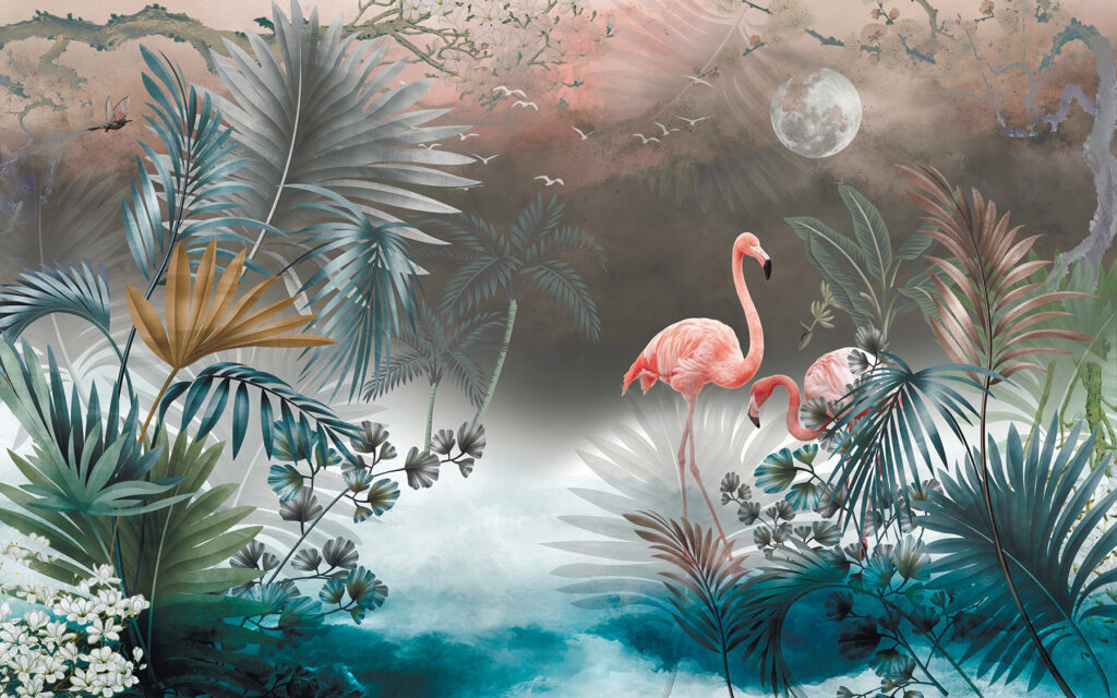 Flamingo's in turquoise maanmist — volledig ontwerp