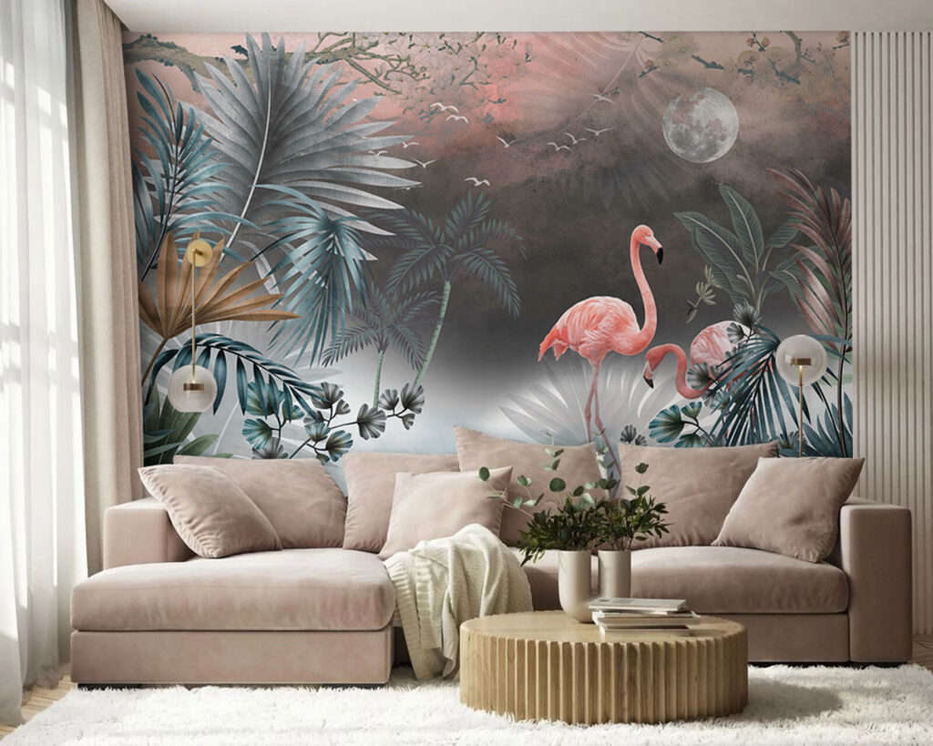 Flamingo's in turquoise maanmist — interieur 2