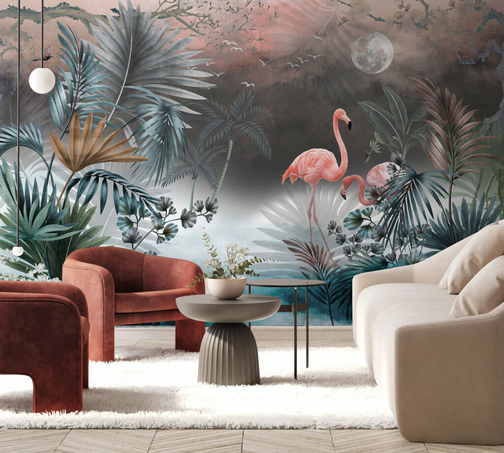 Flamingo's in turquoise maanmist — interieur 3