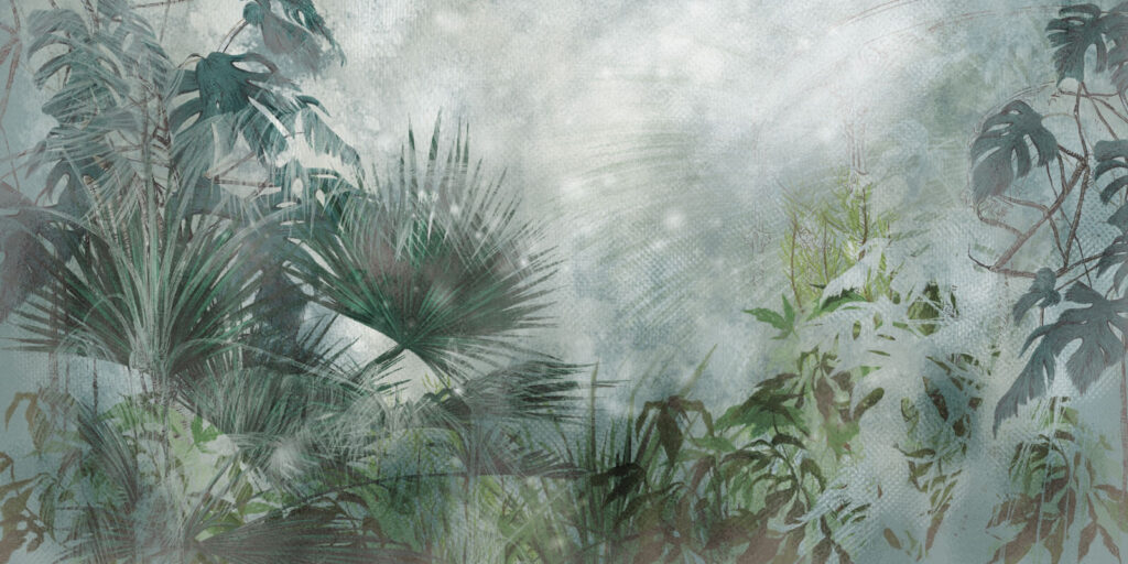 Junglebladeren achter bleke nevel — volledig ontwerp