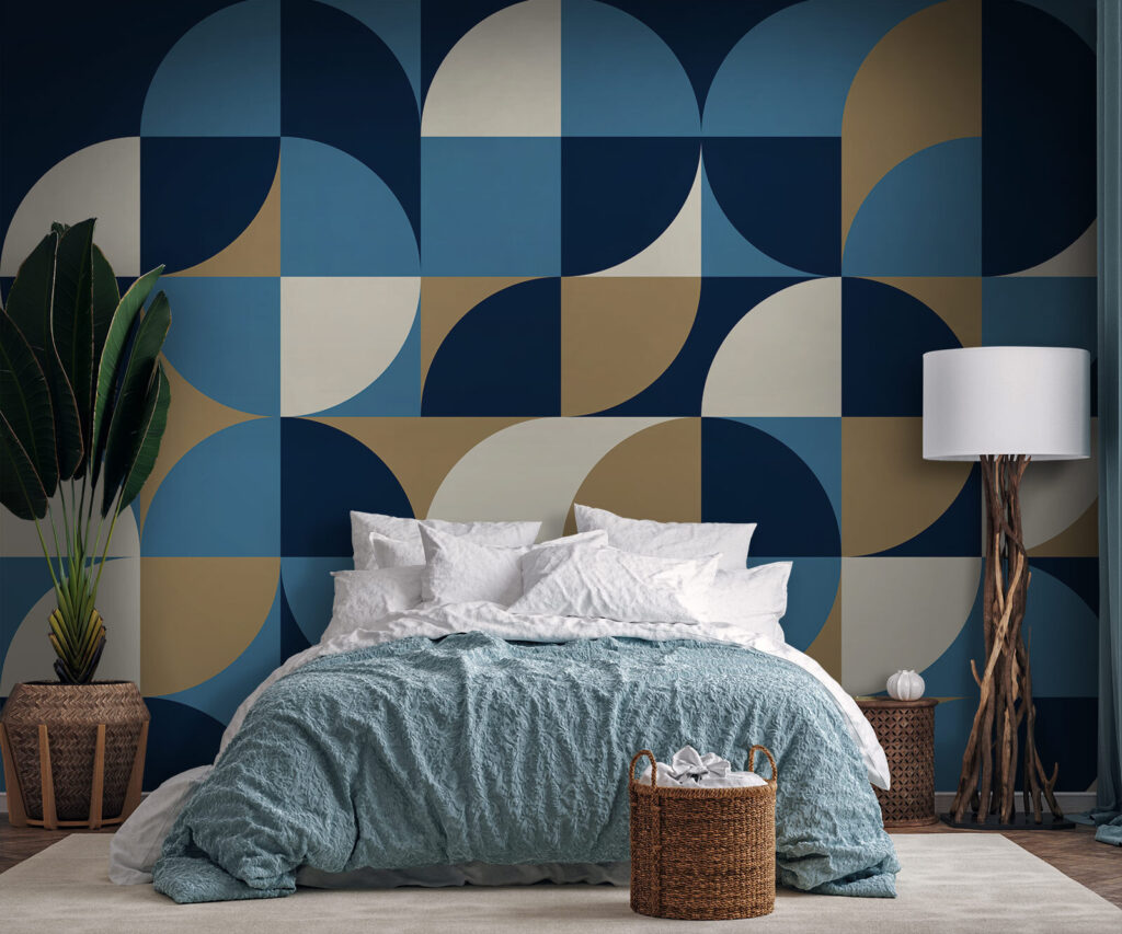 Blauwe kwartcirkels met oker — interieur 1