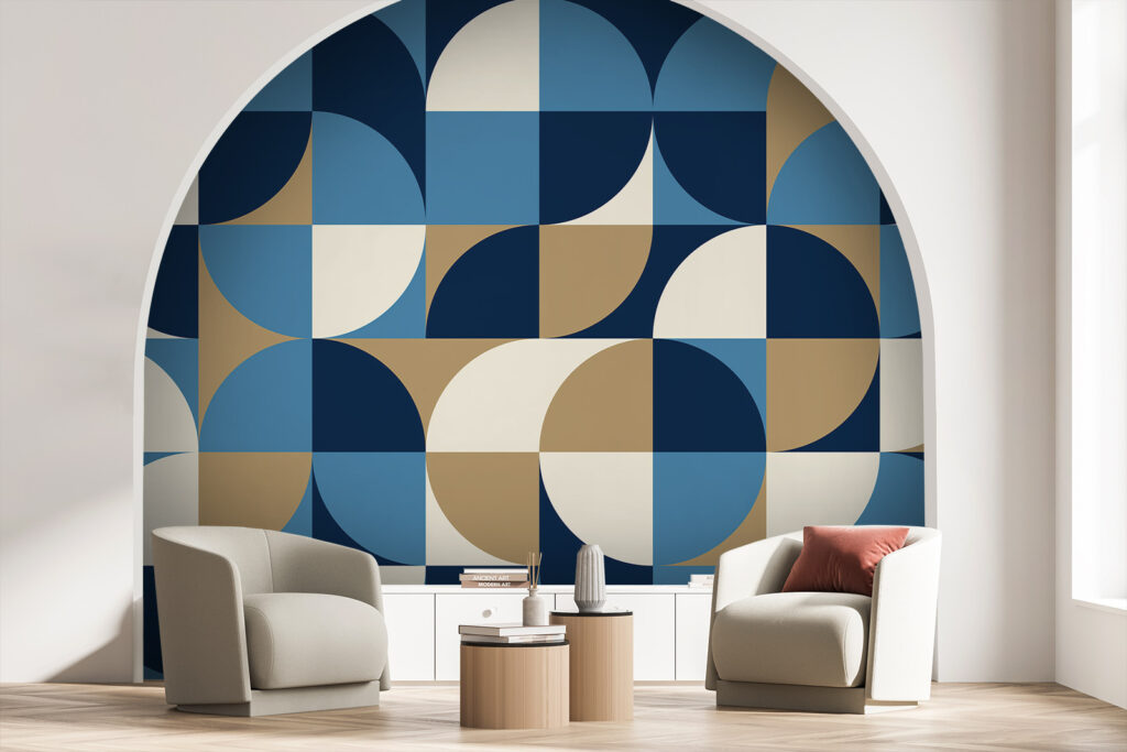 Blauwe kwartcirkels met oker — interieur 2