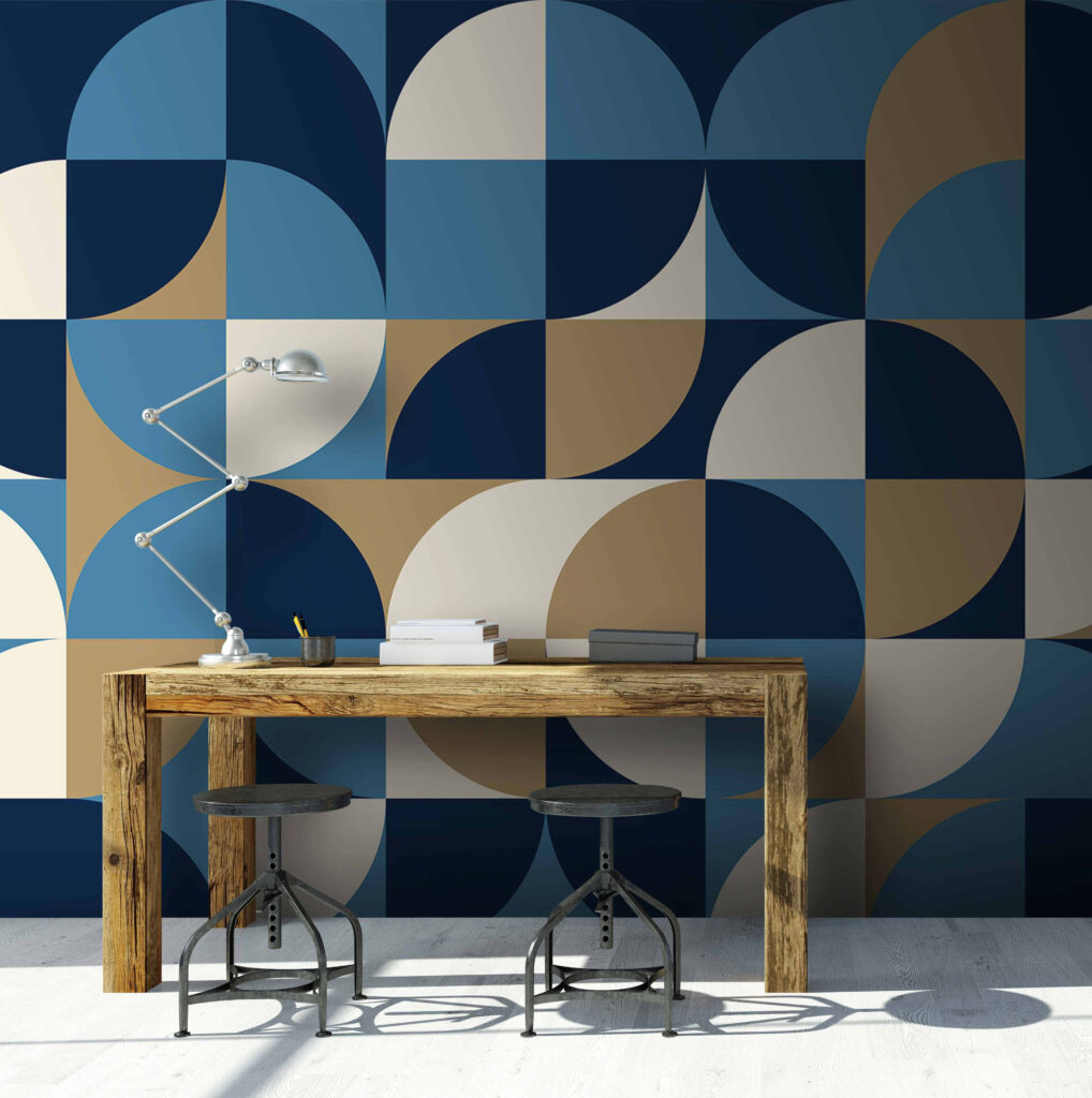 Blauwe kwartcirkels met oker — interieur 3