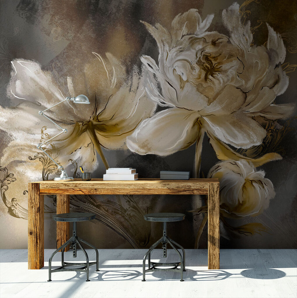 Schilderij van bloemen op een oppervlak in een interieur