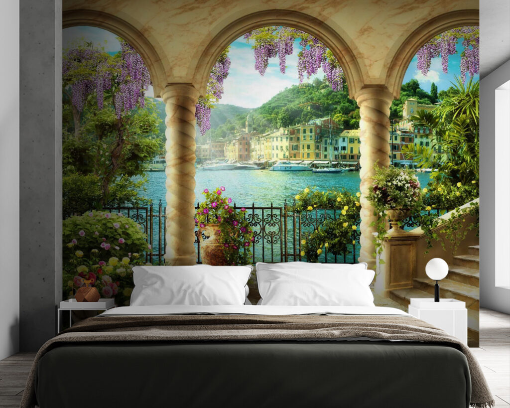 Bloemenbalkon achter gouden bogen — interieur 3
