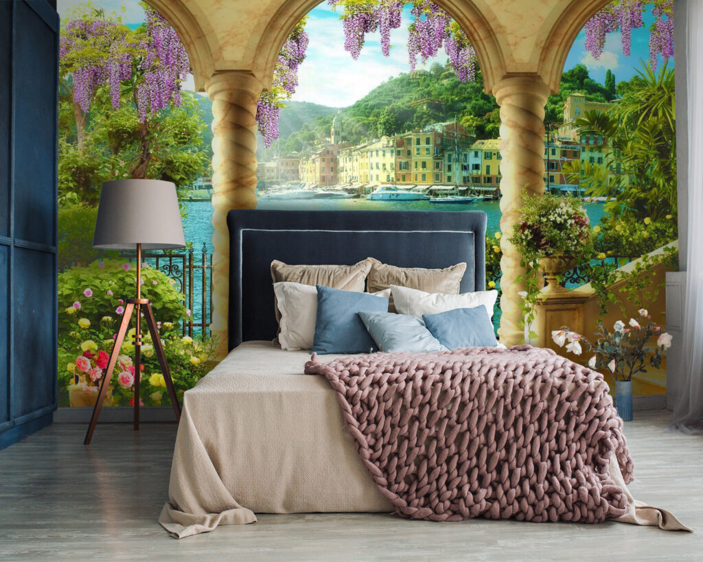 Bloemenbalkon achter gouden bogen — interieur 4