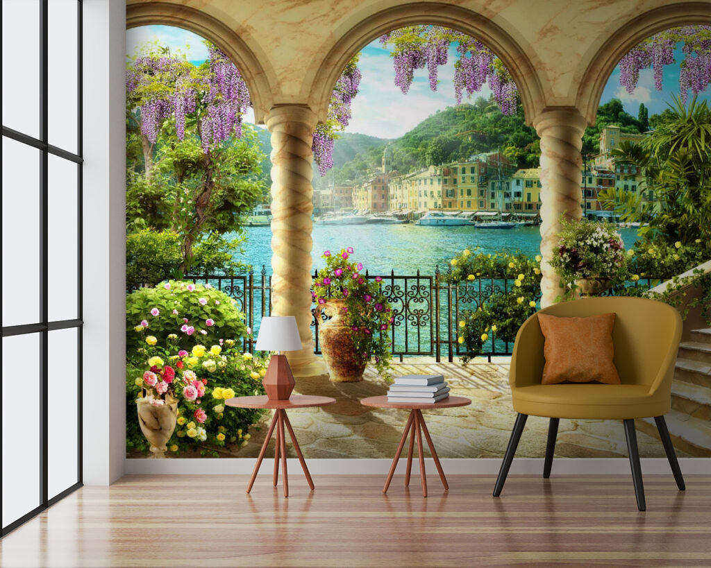 Bloemenbalkon achter gouden bogen — interieur 5