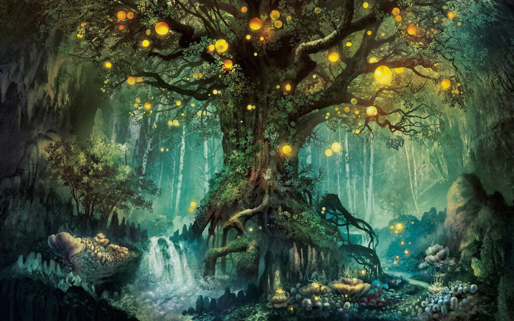 Schilderij van een boom met lichtjes erop — volledig ontwerp
