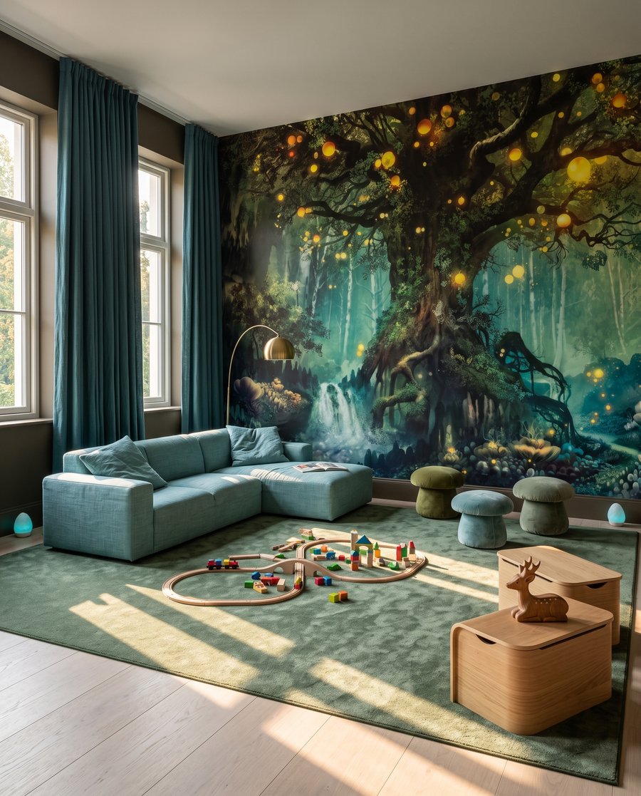 Lichtjes in een sprookjesboom in een interieur