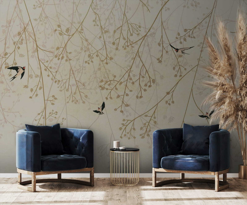 Vogels tussen dunne hangtakjes — interieur 1