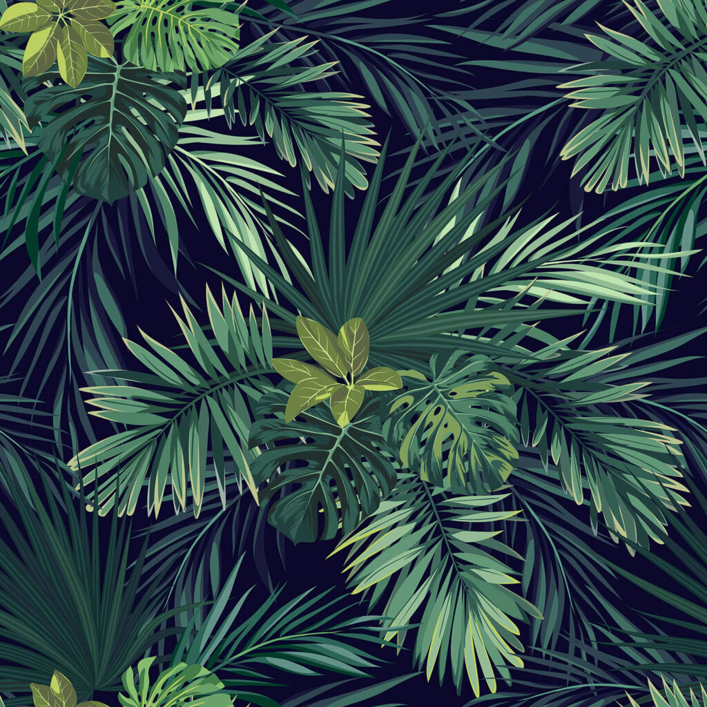 Palmbladeren op donker nachtblauw — volledig ontwerp