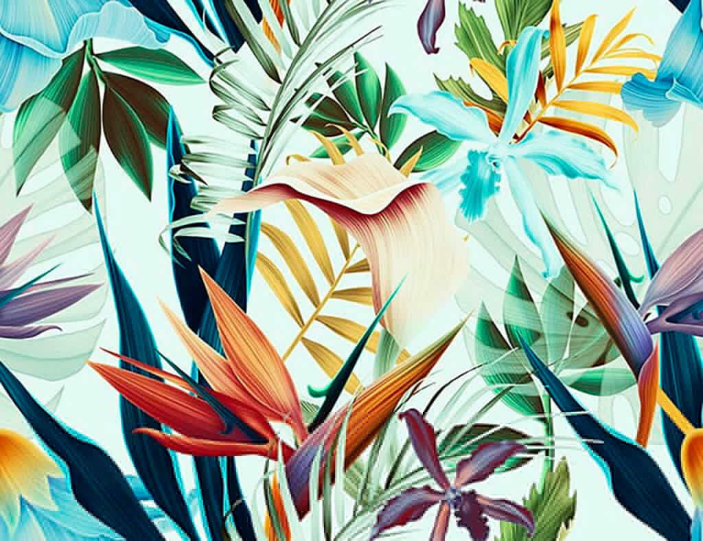 Paradijsbloemen tussen lichtblauwe bladeren — volledig ontwerp