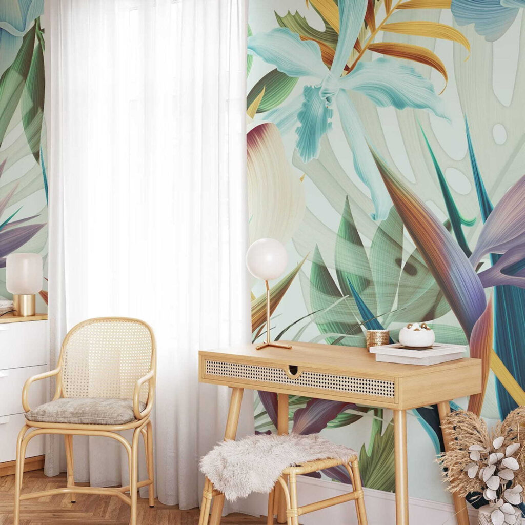 Paradijsbloemen tussen lichtblauwe bladeren — interieur 3