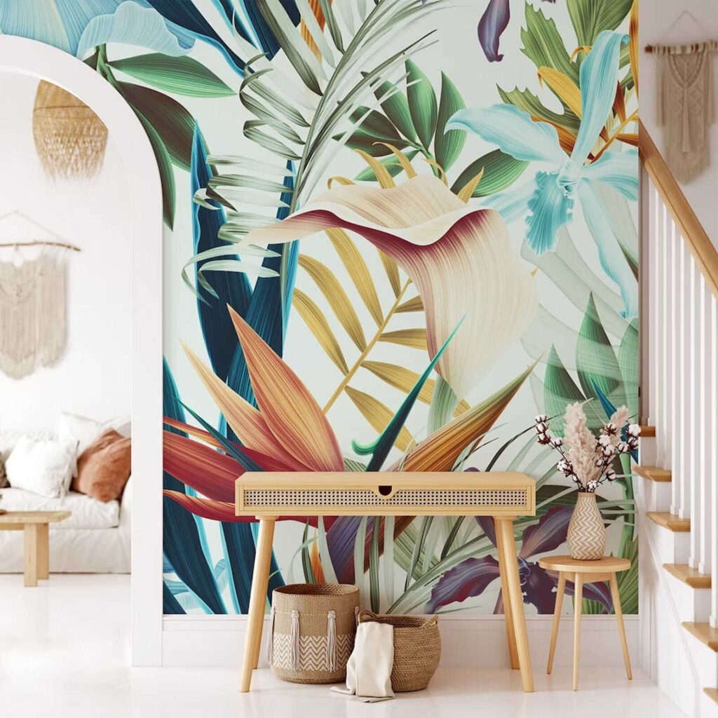 Paradijsbloemen tussen lichtblauwe bladeren — interieur 1