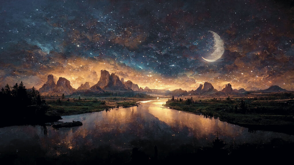 Een maan boven avondwater — volledig ontwerp