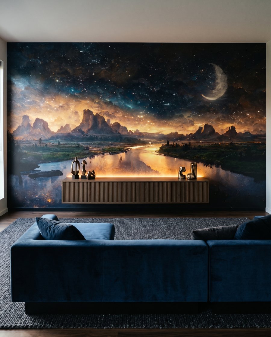 Een maan boven avondwater in een interieur