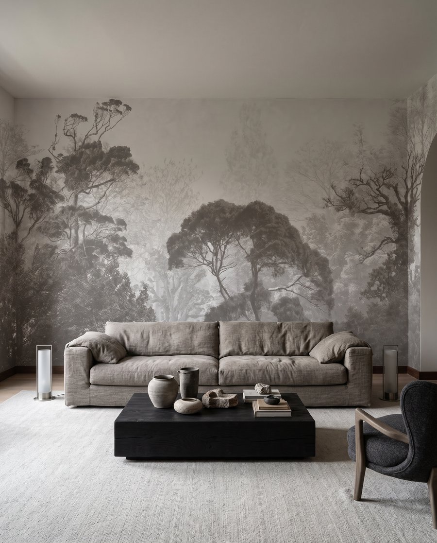Verre bomen in grijstinten in een interieur