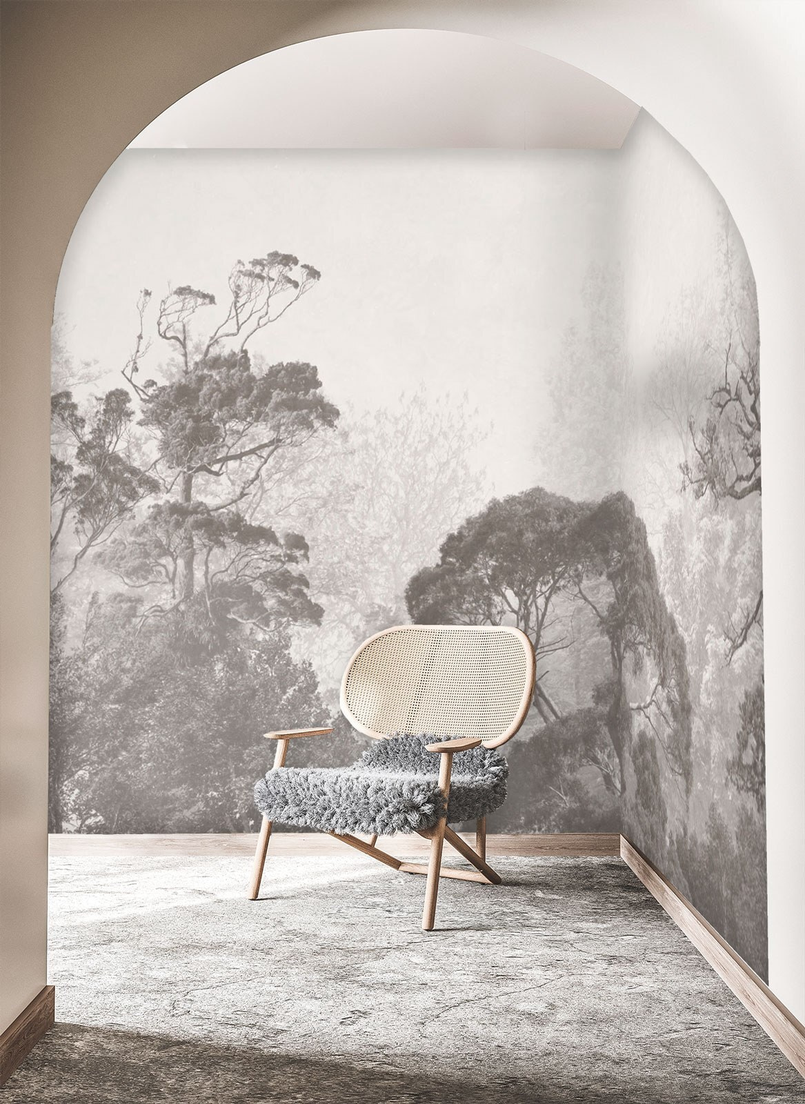 Groep bomen in mist in een interieur